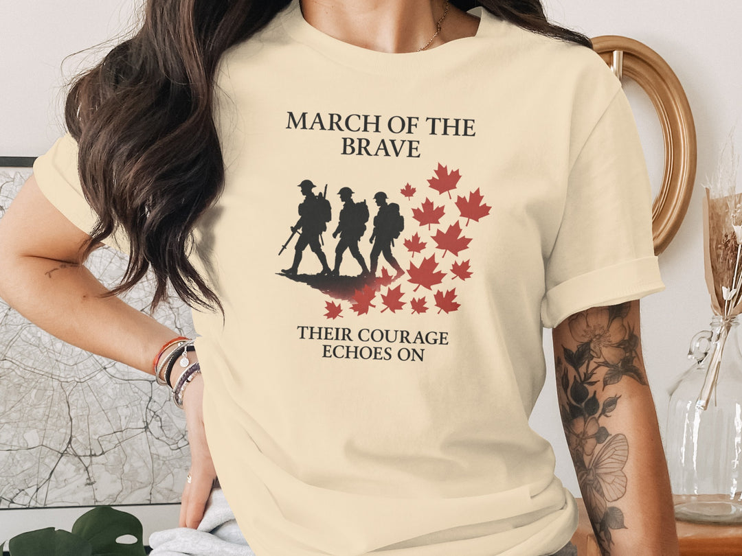 remembrance day women’s t-shirt with marching soldiers and red maple leaves — march of the brave