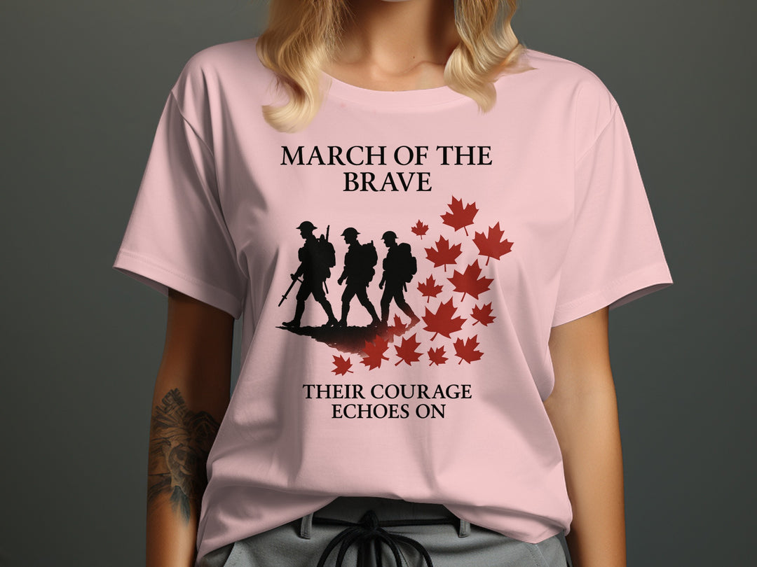 remembrance day women’s t-shirt with marching soldiers and red maple leaves — march of the brave
