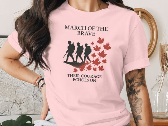 remembrance day women’s t-shirt with marching soldiers and red maple leaves — march of the brave