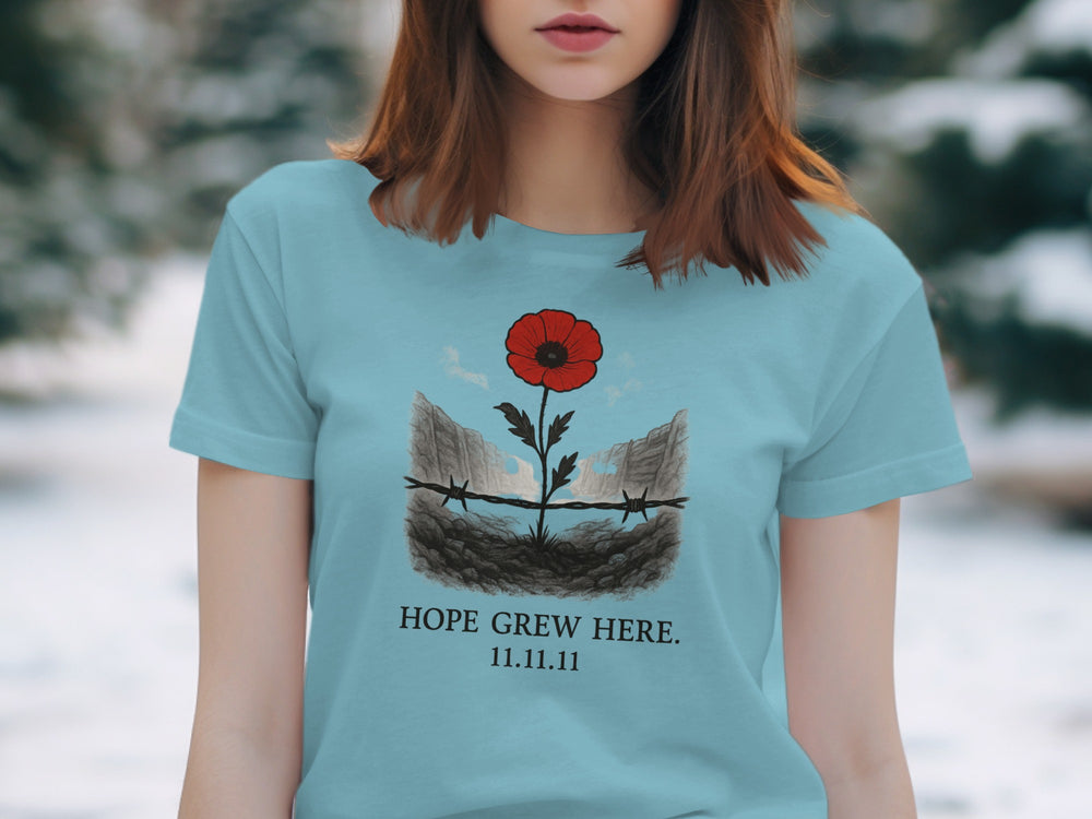 women’s remembrance day t-shirt with poppy rising from trenches — hope grew here