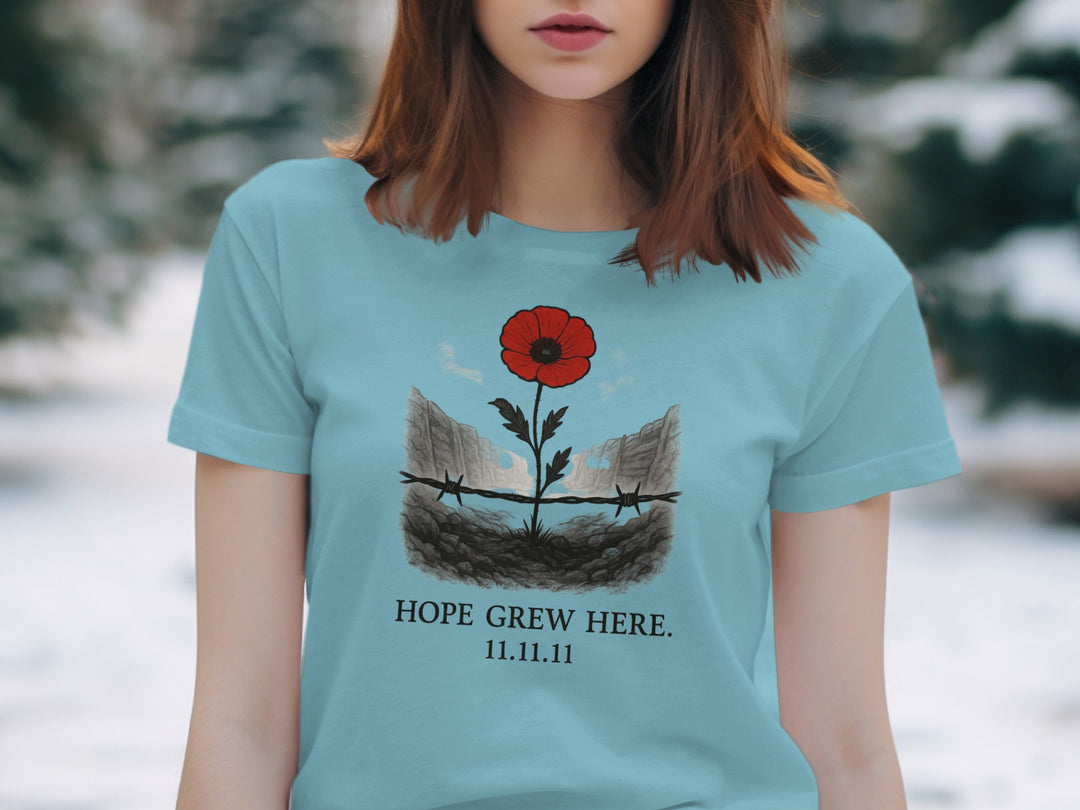 women’s remembrance day t-shirt with poppy rising from trenches — hope grew here