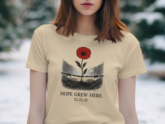 women’s remembrance day t-shirt with poppy rising from trenches — hope grew here