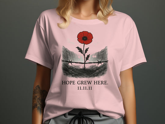 women’s remembrance day t-shirt with poppy rising from trenches — hope grew here