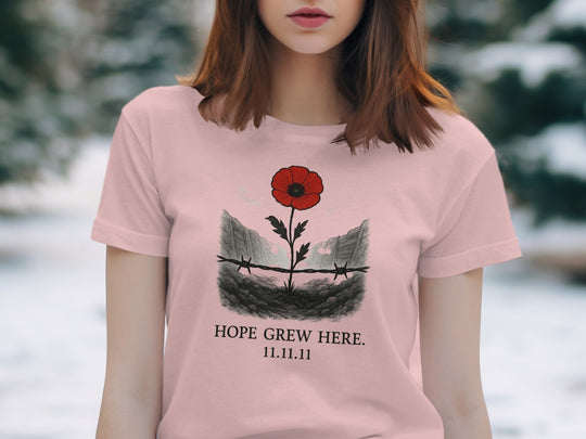 women’s remembrance day t-shirt with poppy rising from trenches — hope grew here