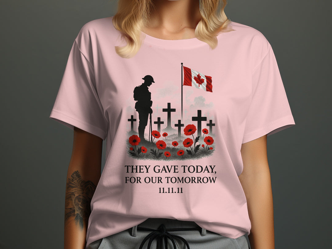 women’s remembrance day t-shirt with soldier, crosses, poppies and flag — they gave today