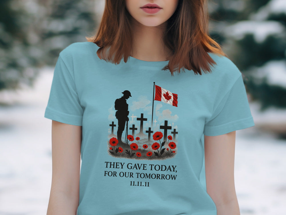 women’s remembrance day t-shirt with soldier, crosses, poppies and flag — they gave today