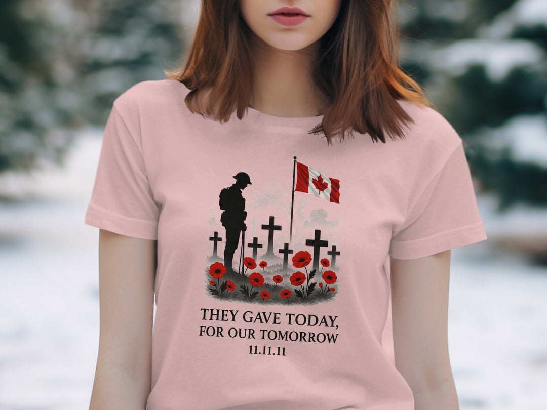 women’s remembrance day t-shirt with soldier, crosses, poppies and flag — they gave today