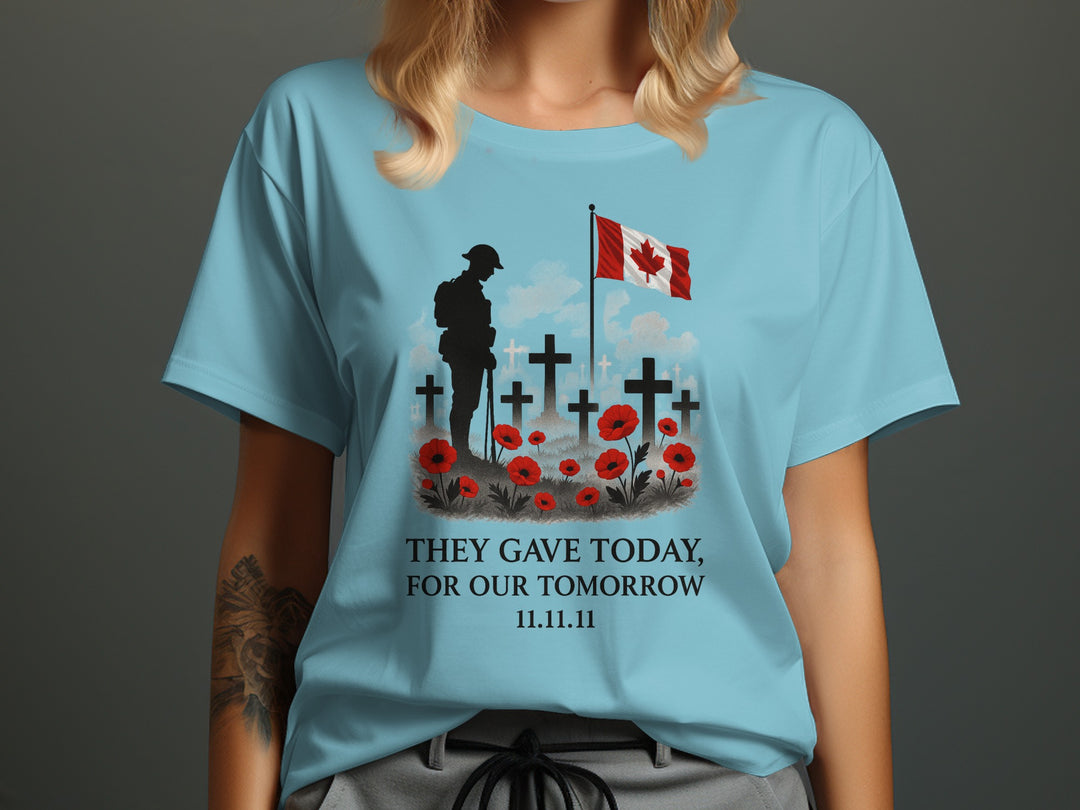 women’s remembrance day t-shirt with soldier, crosses, poppies and flag — they gave today