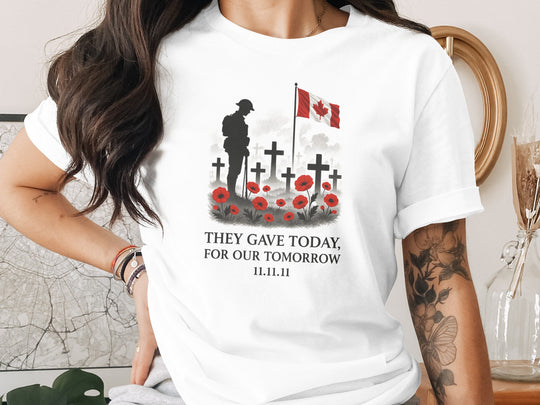 women’s remembrance day t-shirt with soldier, crosses, poppies and flag — they gave today