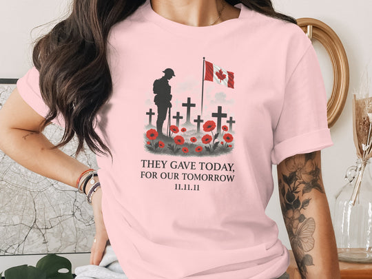 women’s remembrance day t-shirt with soldier, crosses, poppies and flag — they gave today