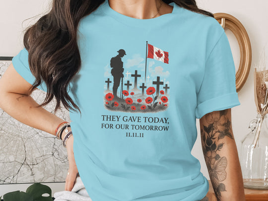 women’s remembrance day t-shirt with soldier, crosses, poppies and flag — they gave today