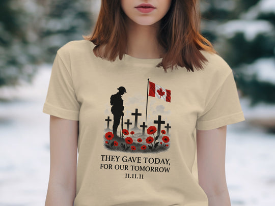 women’s remembrance day t-shirt with soldier, crosses, poppies and flag — they gave today