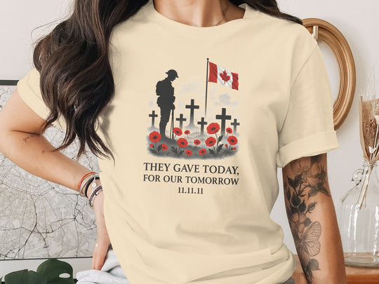 women’s remembrance day t-shirt with soldier, crosses, poppies and flag — they gave today