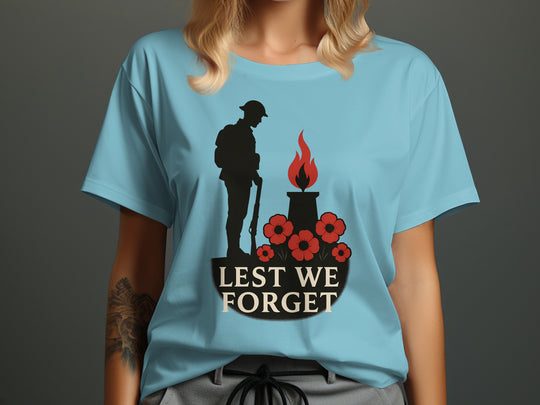 remembrance day women’s t-shirt with soldier, eternal flame and poppies — lest we forget
