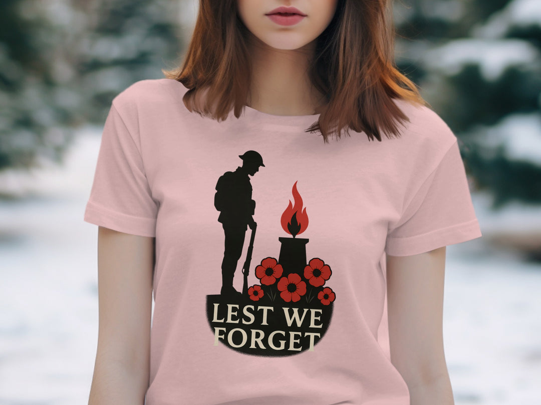 remembrance day women’s t-shirt with soldier, eternal flame and poppies — lest we forget