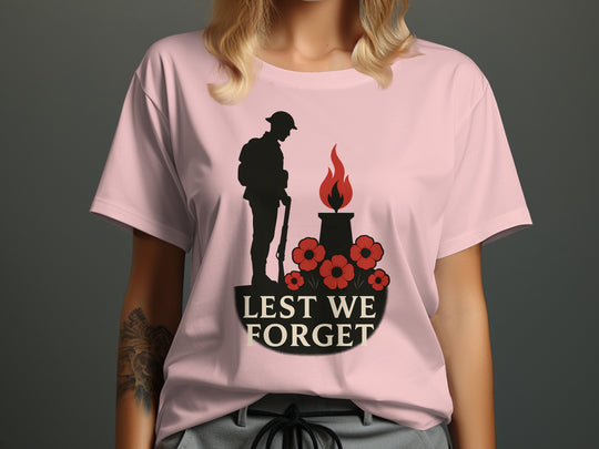 remembrance day women’s t-shirt with soldier, eternal flame and poppies — lest we forget