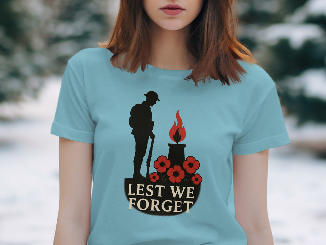 remembrance day women’s t-shirt with soldier, eternal flame and poppies — lest we forget
