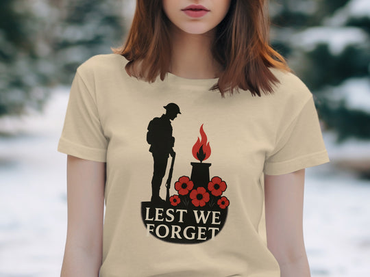 remembrance day women’s t-shirt with soldier, eternal flame and poppies — lest we forget