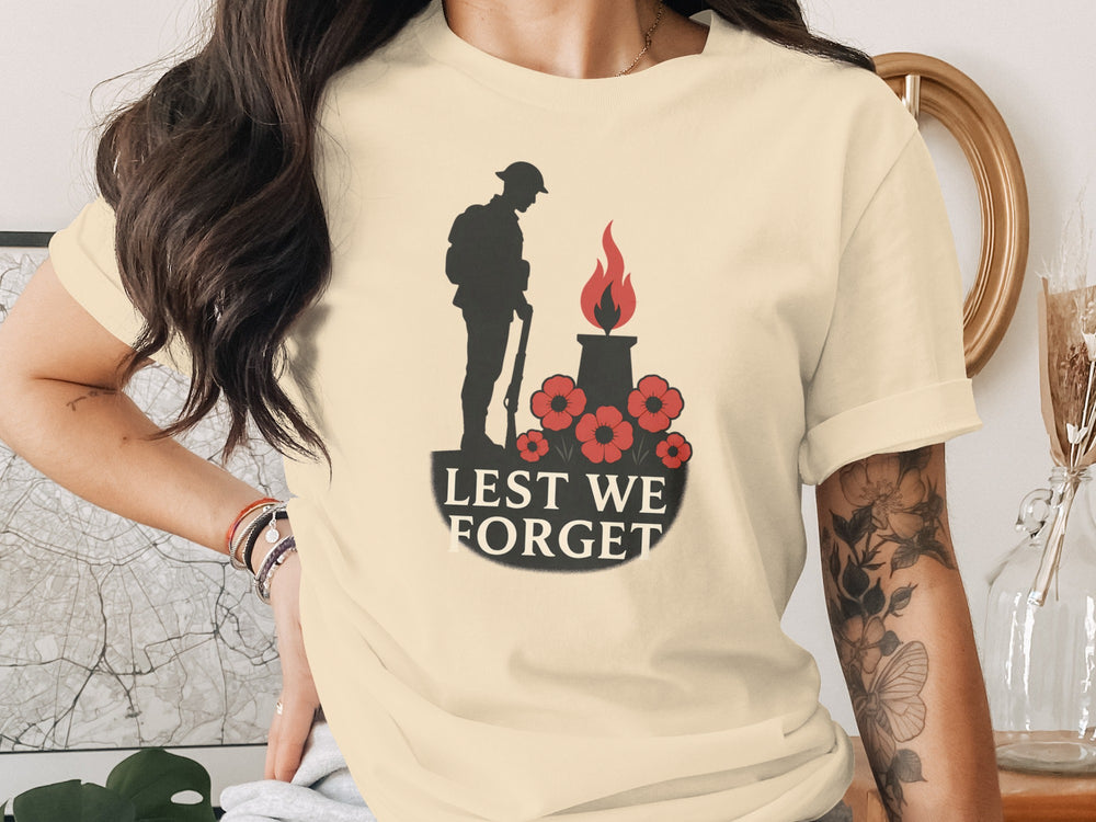 remembrance day women’s t-shirt with soldier, eternal flame and poppies — lest we forget