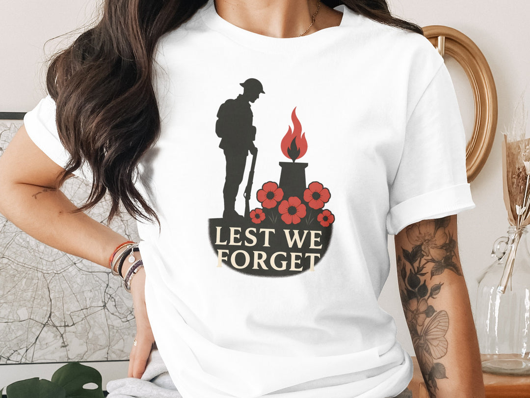 remembrance day women’s t-shirt with soldier, eternal flame and poppies — lest we forget