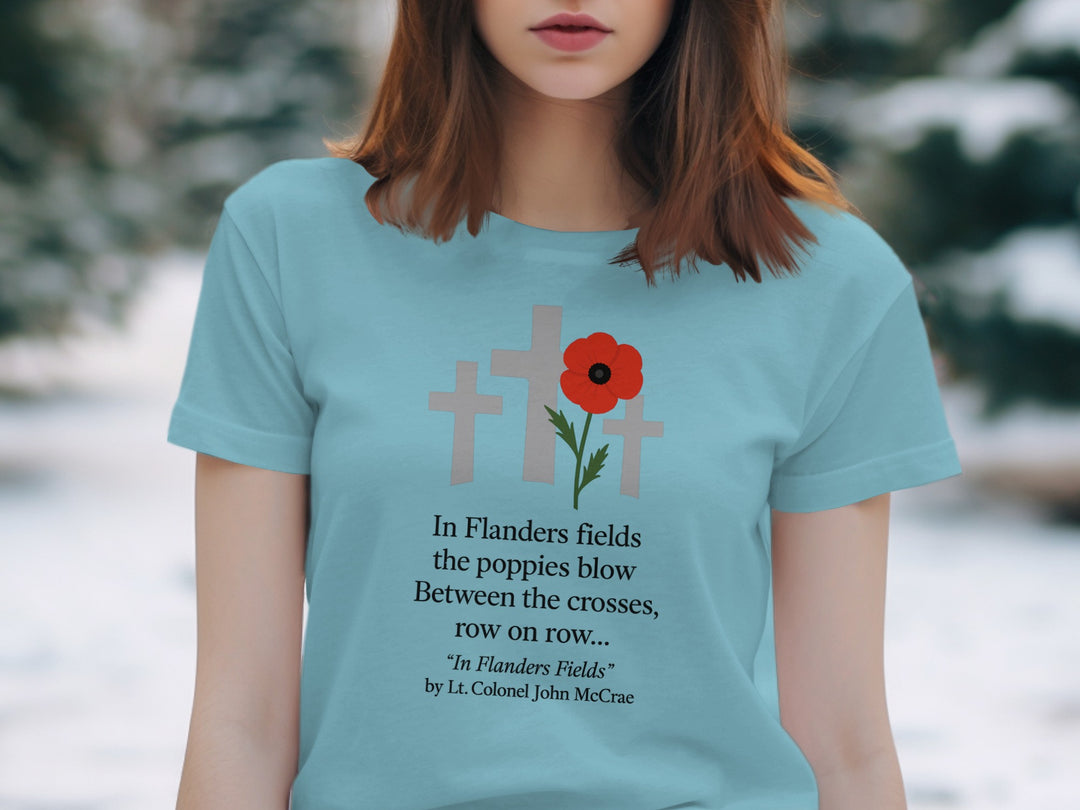remembrance day women’s t-shirt with red poppy and memorial crosses graphic
