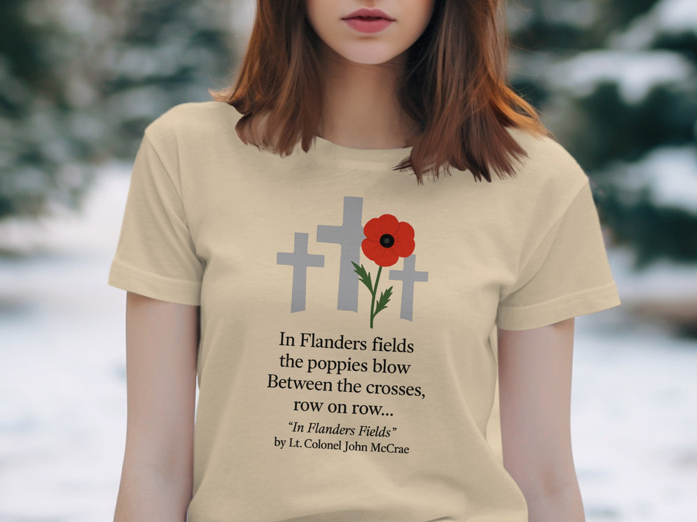 remembrance day women’s t-shirt with red poppy and memorial crosses graphic