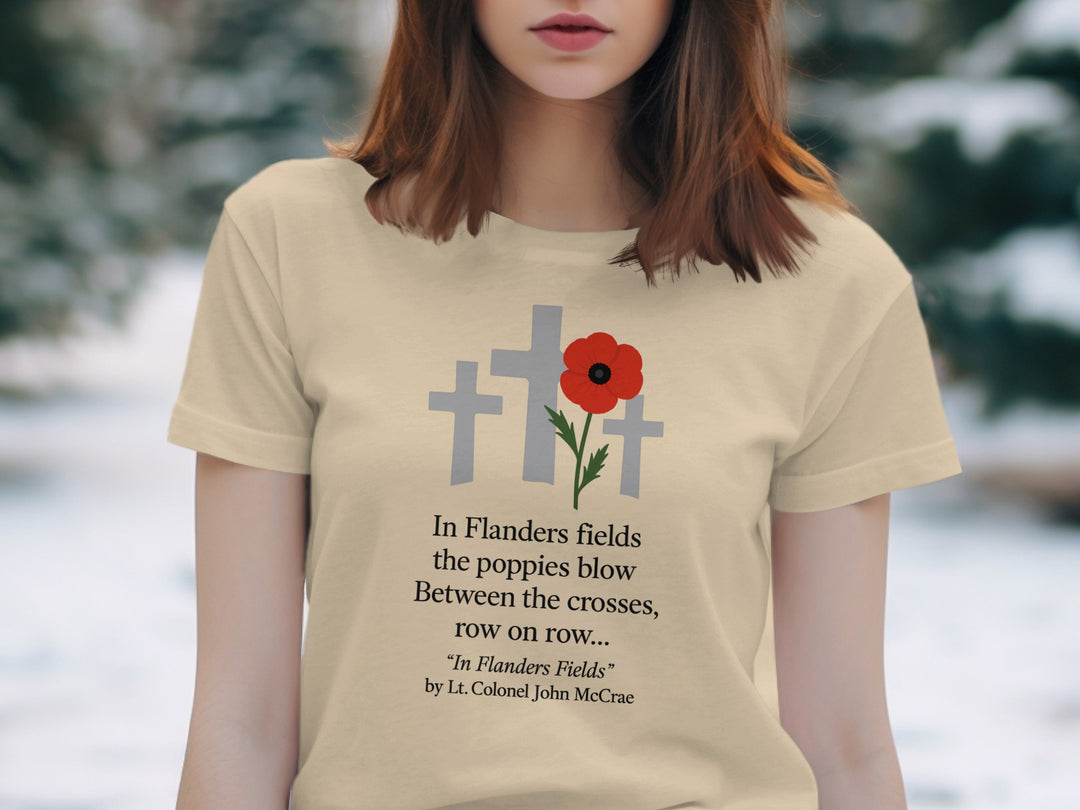 remembrance day women’s t-shirt with red poppy and memorial crosses graphic