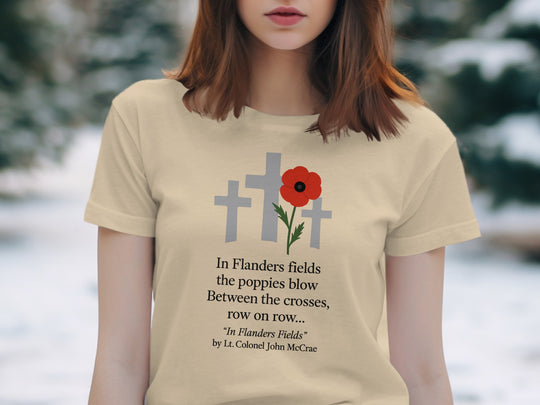 remembrance day women’s t-shirt with red poppy and memorial crosses graphic