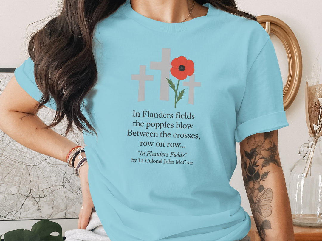 remembrance day women’s t-shirt with red poppy and memorial crosses graphic