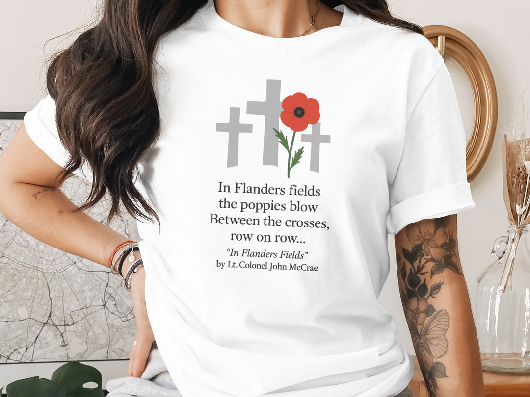 remembrance day women’s t-shirt with red poppy and memorial crosses graphic