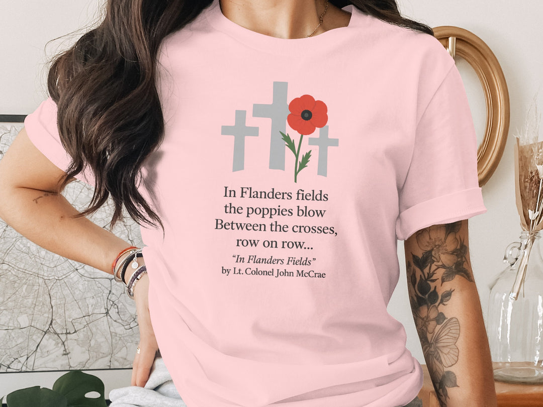 remembrance day women’s t-shirt with red poppy and memorial crosses graphic