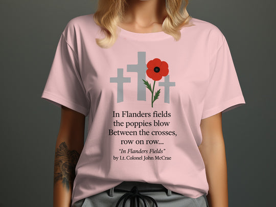 remembrance day women’s t-shirt with red poppy and memorial crosses graphic