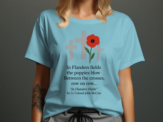 remembrance day women’s t-shirt with red poppy and memorial crosses graphic