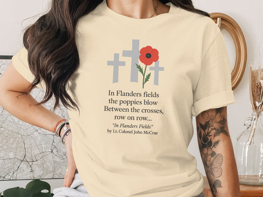 remembrance day women’s t-shirt with red poppy and memorial crosses graphic