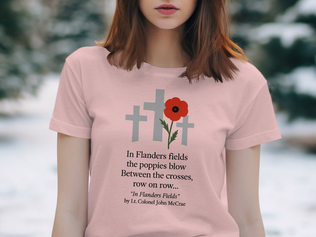 remembrance day women’s t-shirt with red poppy and memorial crosses graphic