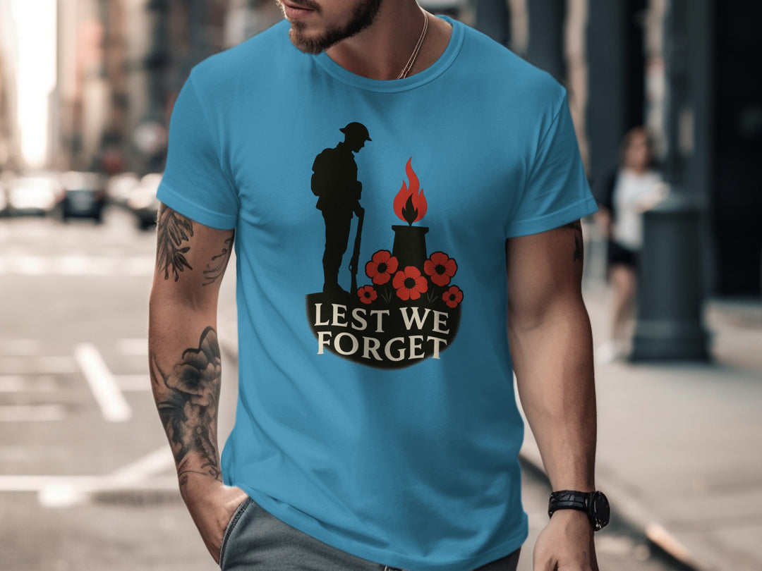 remembrance day men’s t-shirt with soldier, eternal flame and poppies — lest we forget