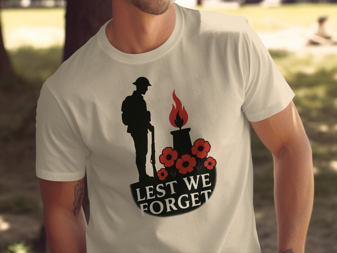 remembrance day men’s t-shirt with soldier, eternal flame and poppies — lest we forget