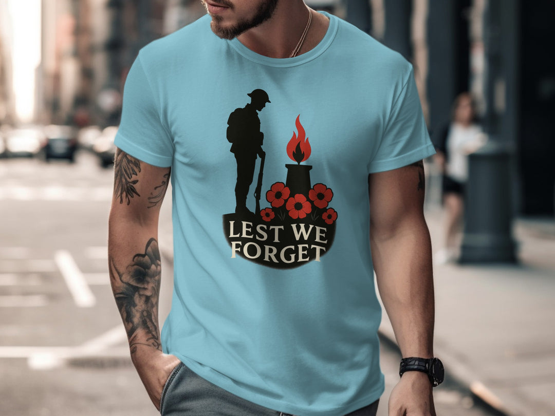 remembrance day men’s t-shirt with soldier, eternal flame and poppies — lest we forget