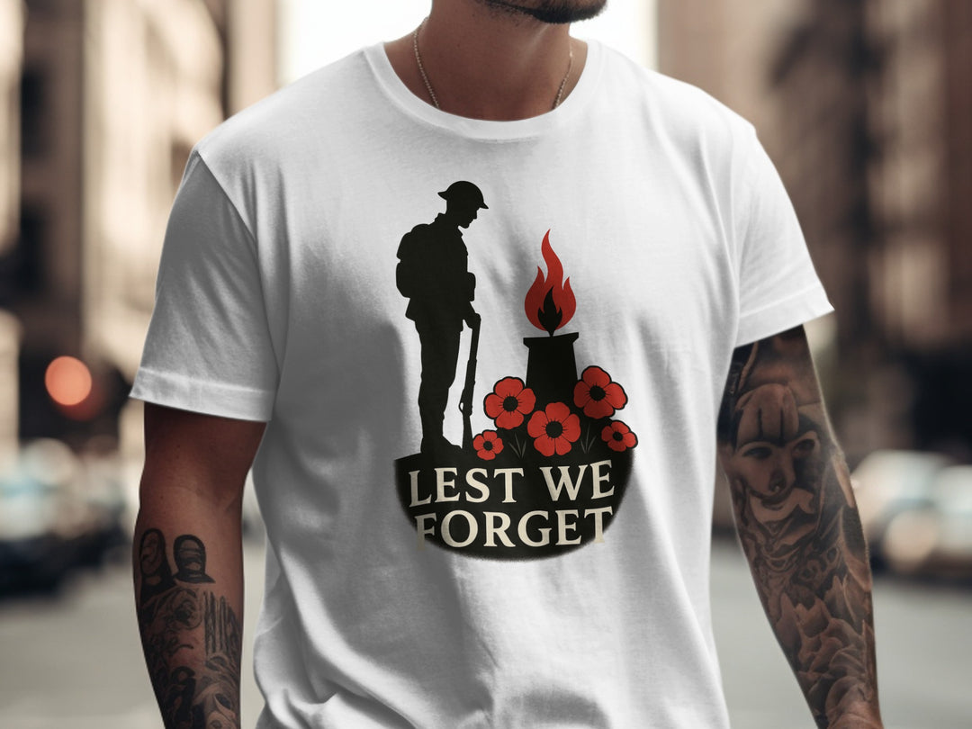 remembrance day men’s t-shirt with soldier, eternal flame and poppies — lest we forget