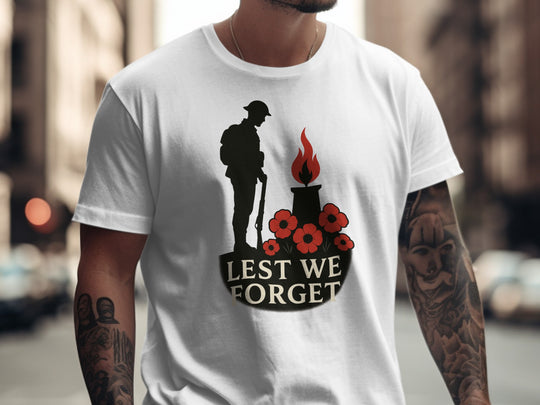 remembrance day men’s t-shirt with soldier, eternal flame and poppies — lest we forget