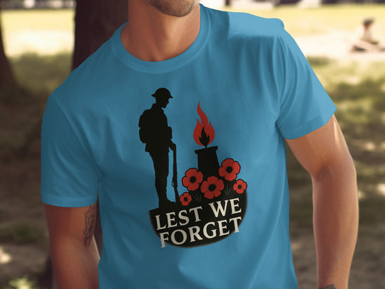remembrance day men’s t-shirt with soldier, eternal flame and poppies — lest we forget
