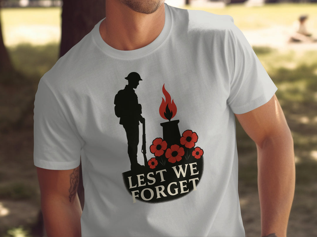 remembrance day men’s t-shirt with soldier, eternal flame and poppies — lest we forget