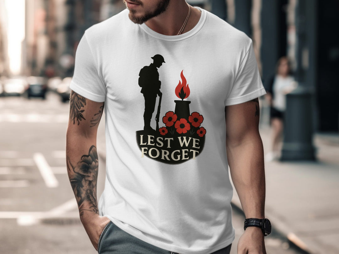 remembrance day men’s t-shirt with soldier, eternal flame and poppies — lest we forget