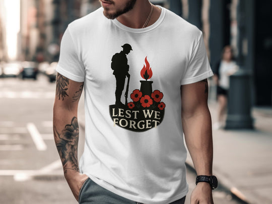 remembrance day men’s t-shirt with soldier, eternal flame and poppies — lest we forget