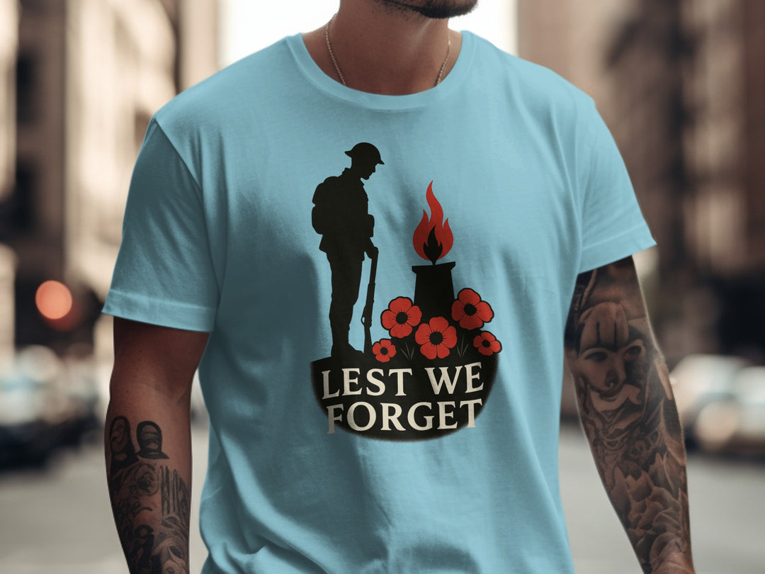remembrance day men’s t-shirt with soldier, eternal flame and poppies — lest we forget