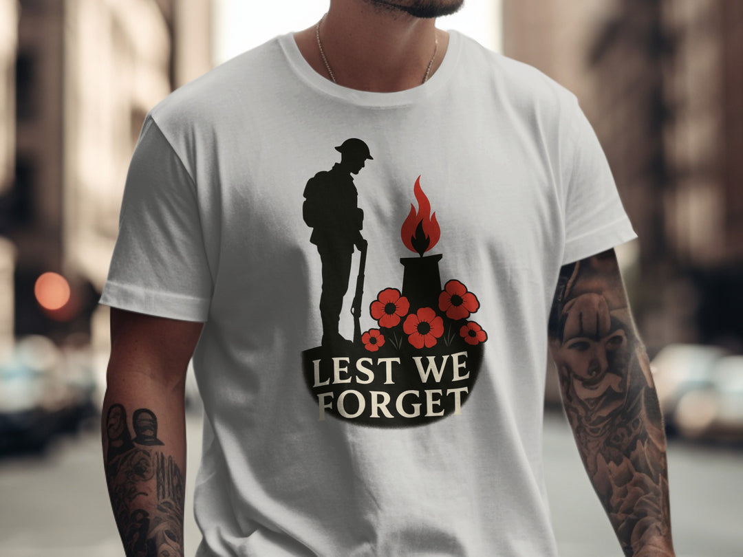 remembrance day men’s t-shirt with soldier, eternal flame and poppies — lest we forget