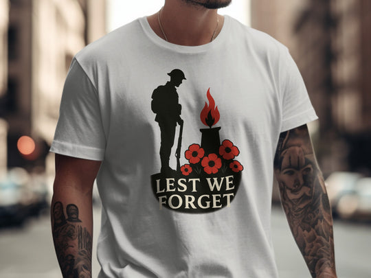 remembrance day men’s t-shirt with soldier, eternal flame and poppies — lest we forget