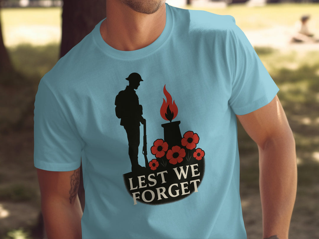 remembrance day men’s t-shirt with soldier, eternal flame and poppies — lest we forget