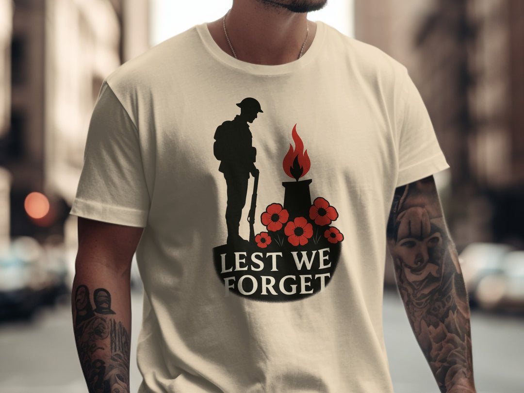 remembrance day men’s t-shirt with soldier, eternal flame and poppies — lest we forget