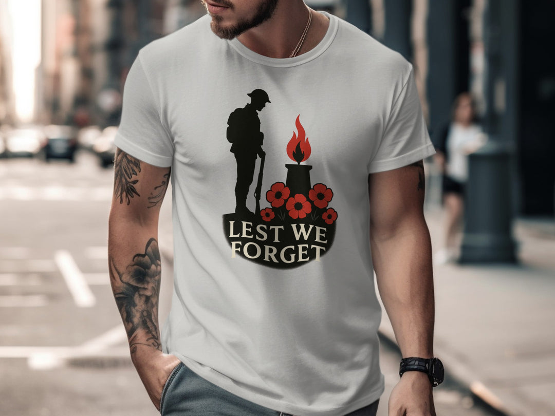 remembrance day men’s t-shirt with soldier, eternal flame and poppies — lest we forget